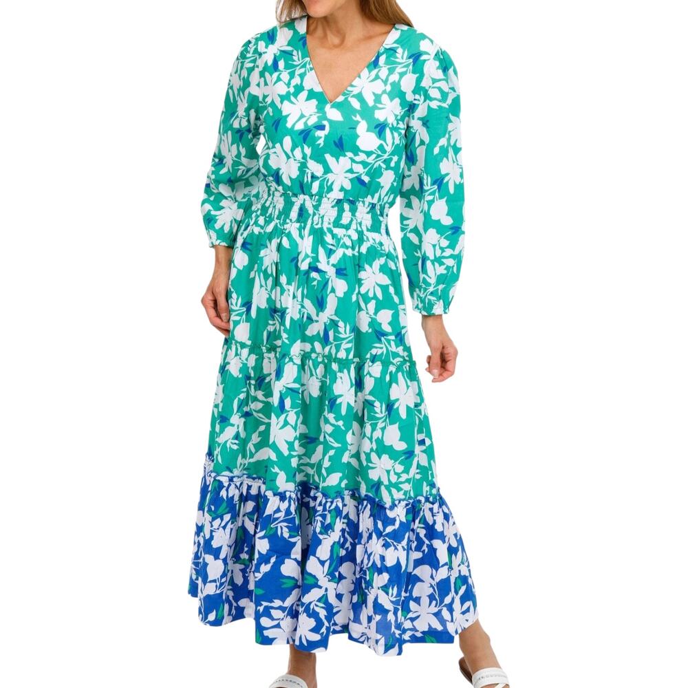 Southern Tide Blaire Blossom Bay Maxi Dress Green Blue Floral Tier Cotton Small